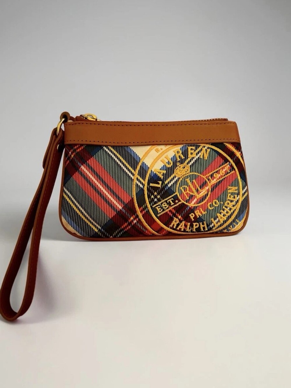 Lauren Ralph Lauren Embroidered Tartan Plaid Genuine Leather Wallet Wristlet